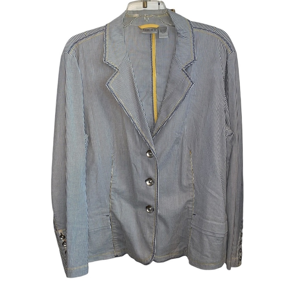 Chico's Seersucker Striped gray white yellow Yachtie Blazer coastal classic - Picture 3 of 16